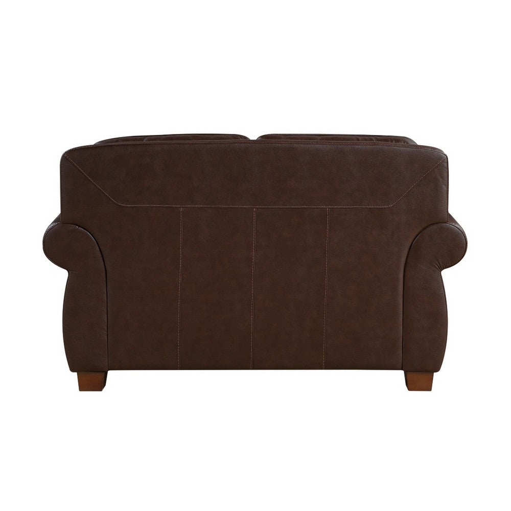 Ronny Loveseat with Nailhead Trim | Brown Wood Feet | Brown Genuine Leather