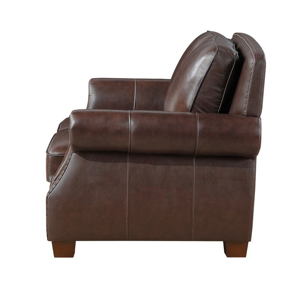 Ronny Loveseat with Nailhead Trim | Brown Wood Feet | Brown Genuine Leather