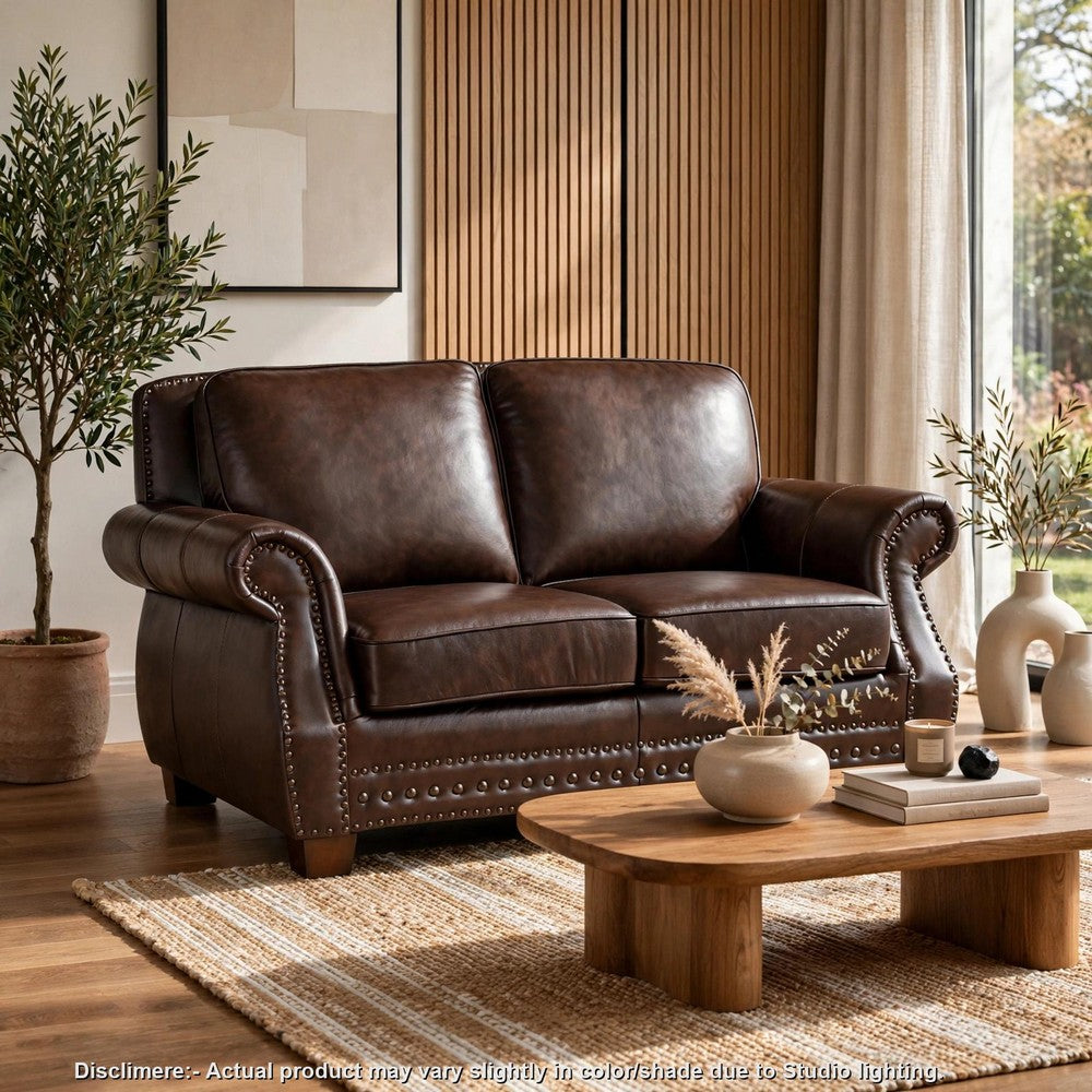 Ronny Loveseat with Nailhead Trim | Brown Wood Feet | Brown Genuine Leather