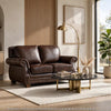 Ronny Loveseat with Nailhead Trim | Brown Wood Feet | Brown Genuine Leather