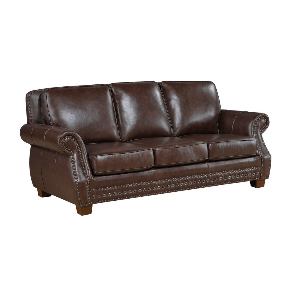 Ronny Sofa | Nailhead Trim | Rolled Arms | Brown Wood Feet | Brown Leather