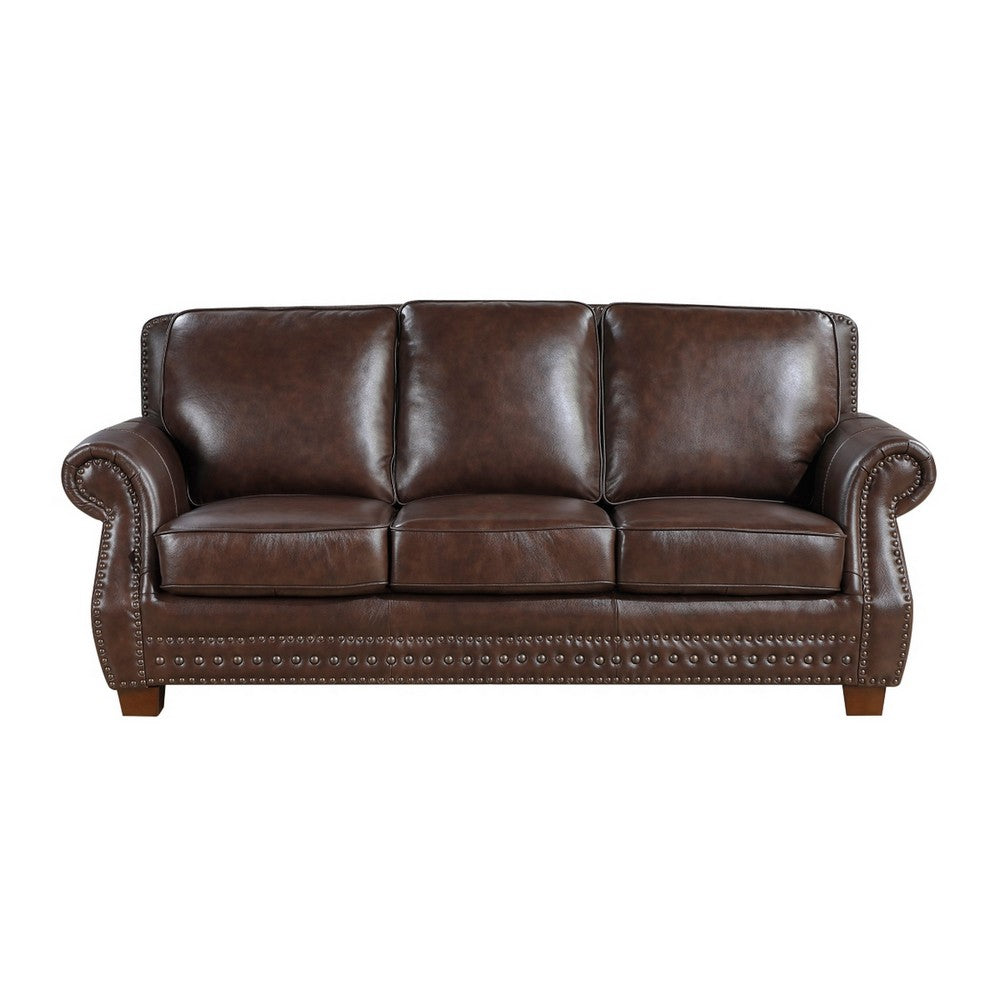 Ronny Sofa | Nailhead Trim | Rolled Arms | Brown Wood Feet | Brown Leather
