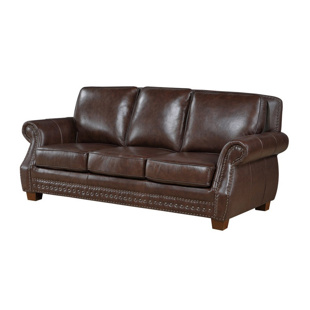 Ronny Sofa | Nailhead Trim | Rolled Arms | Brown Wood Feet | Brown Leather