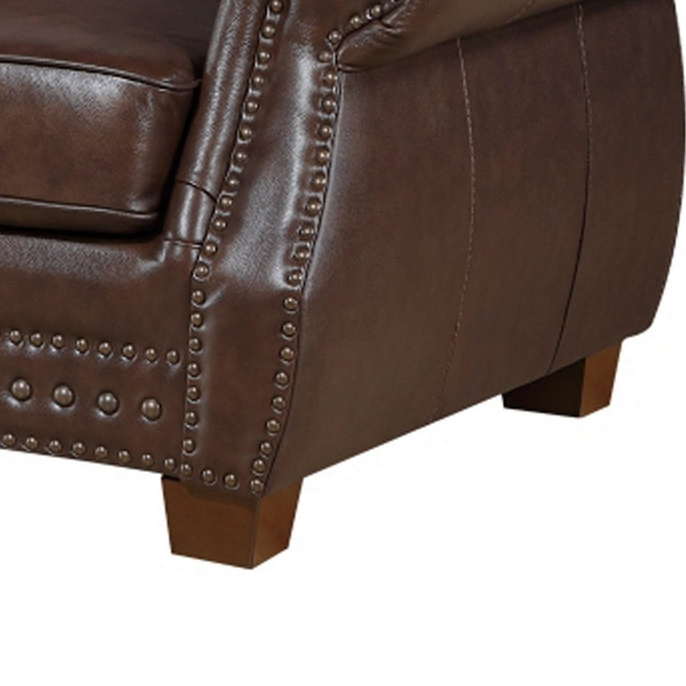 Ronny Sofa | Nailhead Trim | Rolled Arms | Brown Wood Feet | Brown Leather