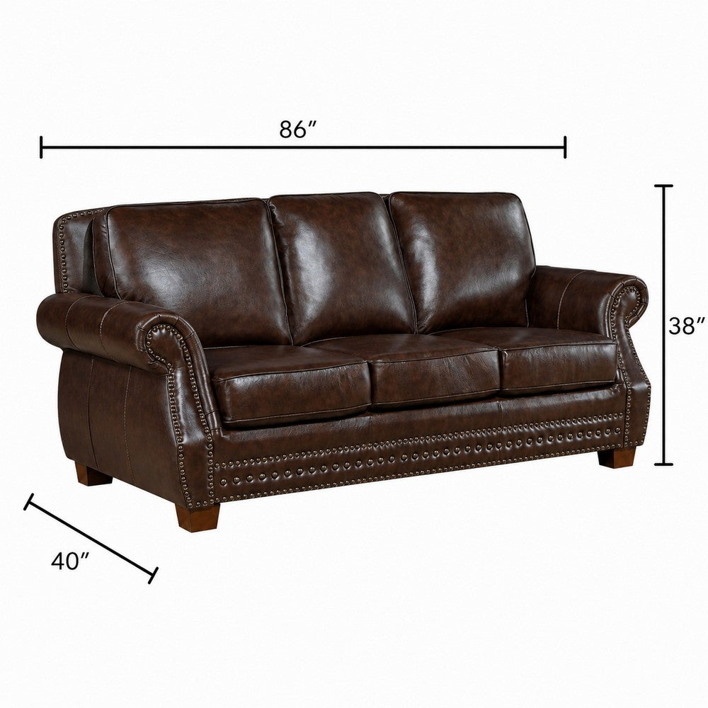 Ronny Sofa | Nailhead Trim | Rolled Arms | Brown Wood Feet | Brown Leather