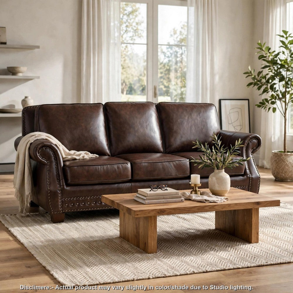 Ronny Sofa | Nailhead Trim | Rolled Arms | Brown Wood Feet | Brown Leather