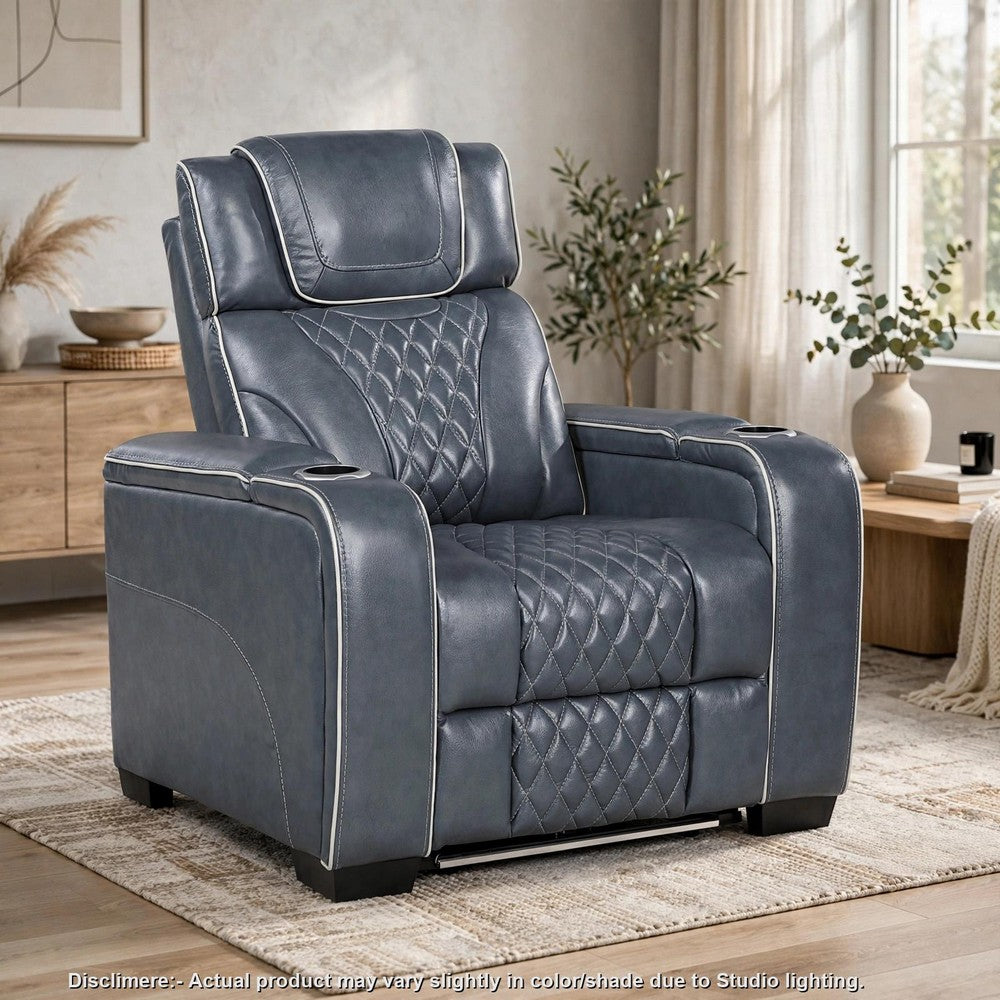 Akon Power Recliner | Heat Massage | USB | LED Light | Blue Genuine Leather