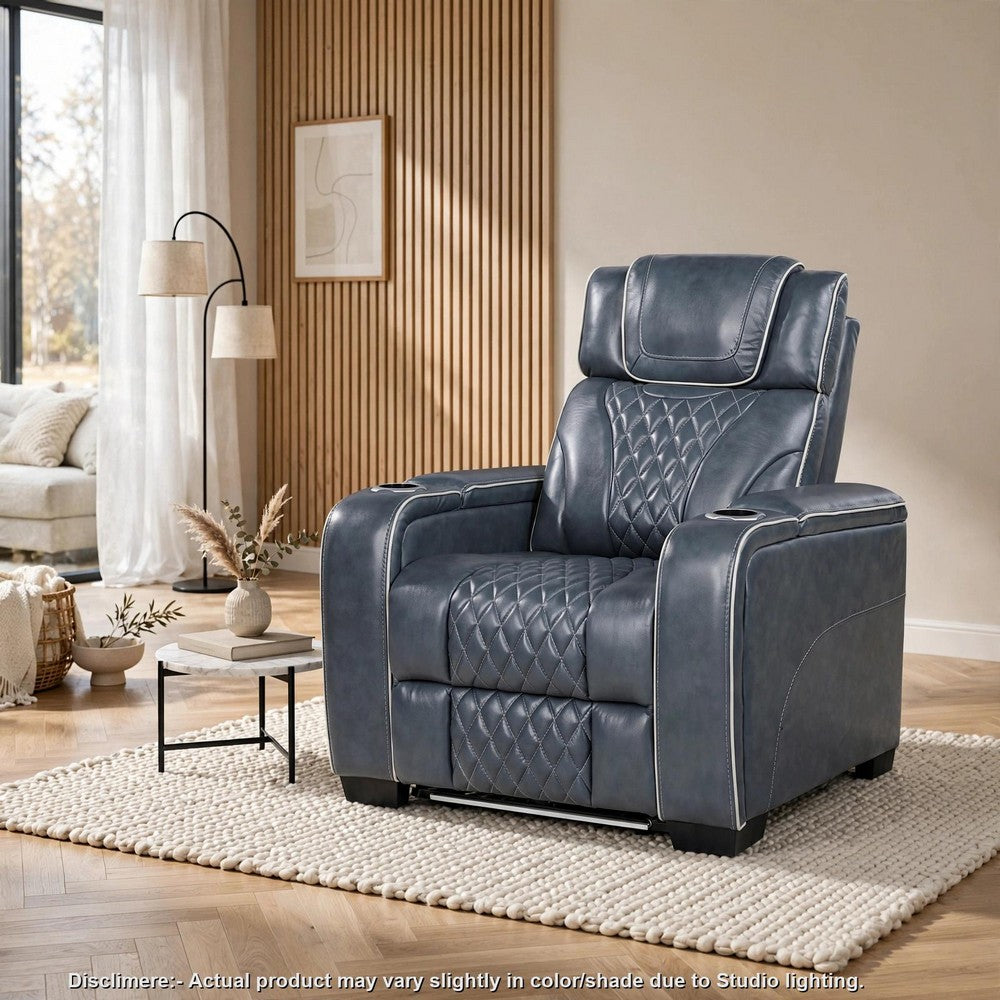 Akon Power Recliner | Heat Massage | USB | LED Light | Blue Genuine Leather