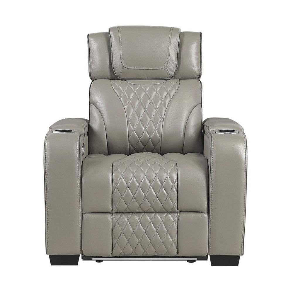 Akon Power Recliner | Heat Massage | USB | LED Light | Gray Genuine Leather