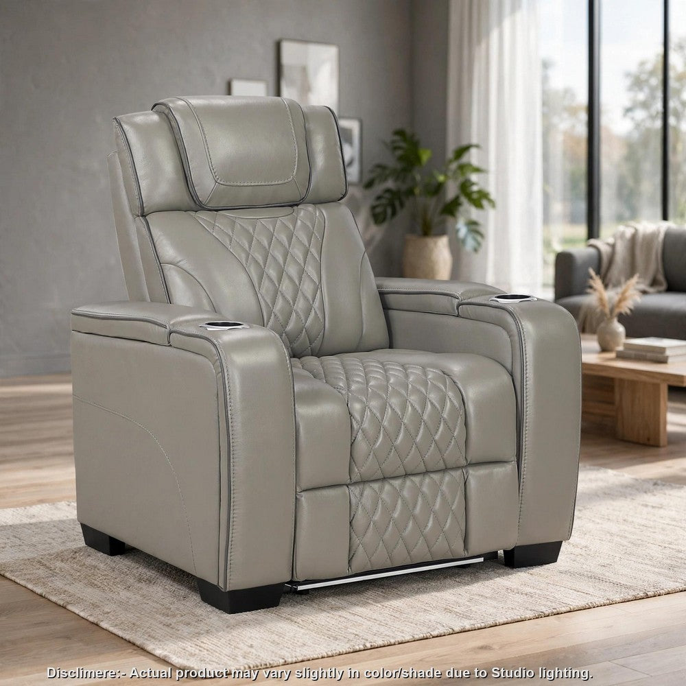Akon Power Recliner | Heat Massage | USB | LED Light | Gray Genuine Leather