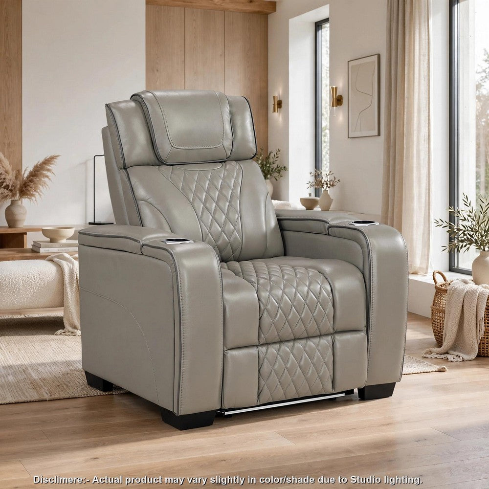 Akon Power Recliner | Heat Massage | USB | LED Light | Gray Genuine Leather