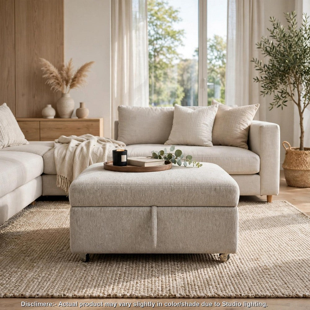 Inaya Storage Ottoman with Casters | Brown Wood | Sage Sand Microfiber | 41"