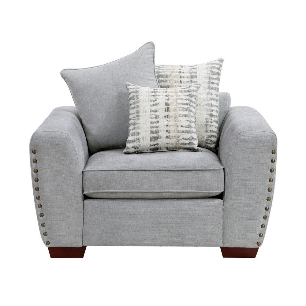 Gini Accent Chair with 3 Accent Pillows | Nailhead Trim | Gray Chenille