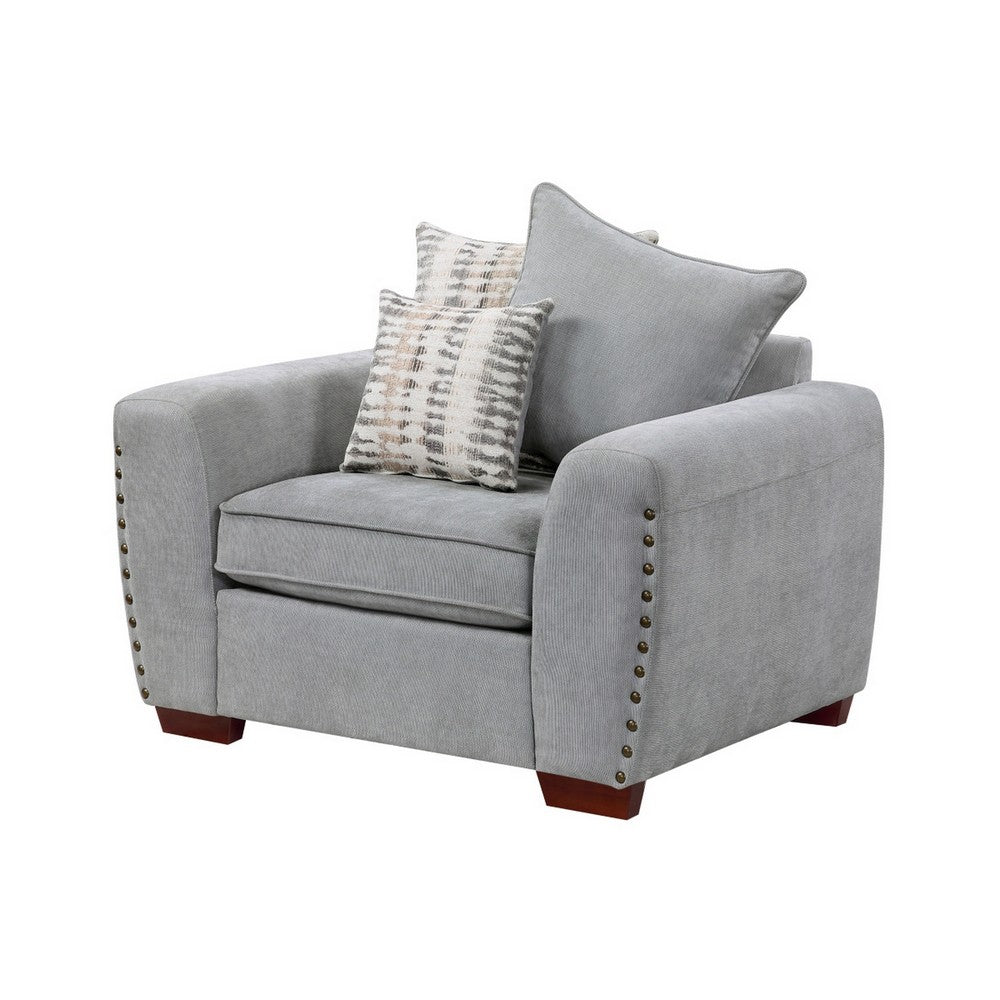 Gini Accent Chair with 3 Accent Pillows | Nailhead Trim | Gray Chenille