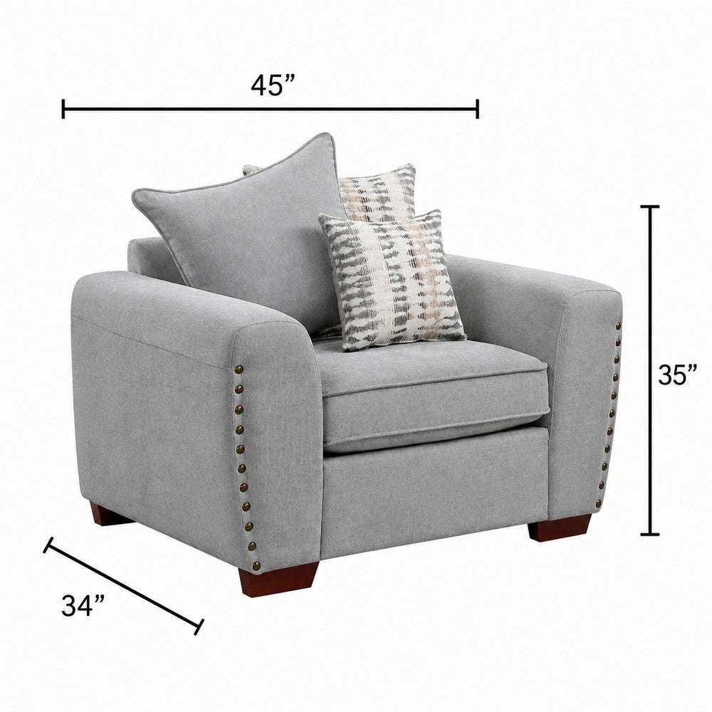 Gini Accent Chair with 3 Accent Pillows | Nailhead Trim | Gray Chenille