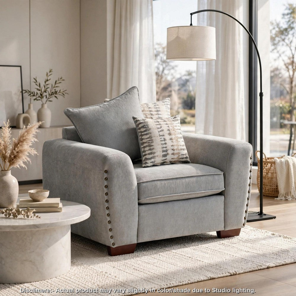 Gini Accent Chair with 3 Accent Pillows | Nailhead Trim | Gray Chenille