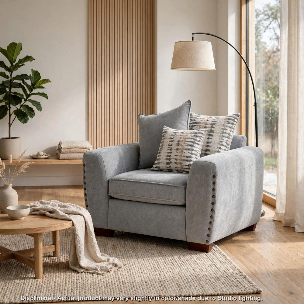Gini Accent Chair with 3 Accent Pillows | Nailhead Trim | Gray Chenille