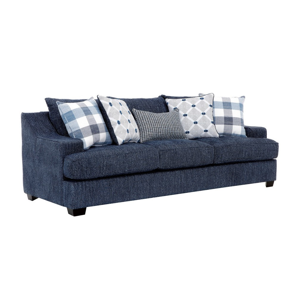 Marie Sofa with Reversible Cushions | Plaid Pillows | Blue Chenille