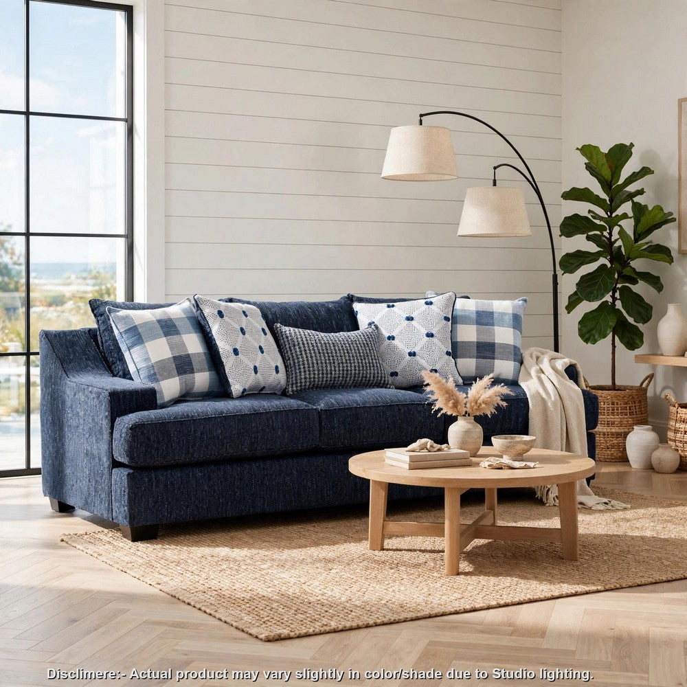 Marie Sofa with Reversible Cushions | Plaid Pillows | Blue Chenille