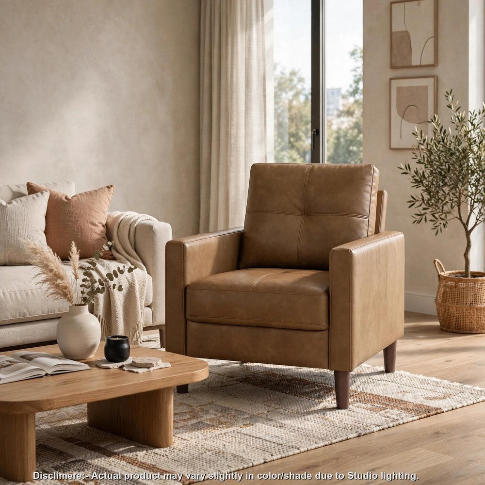 Xyna Accent Chair with Tufted Backrest | Solid Wood Legs | Brown Fabric
