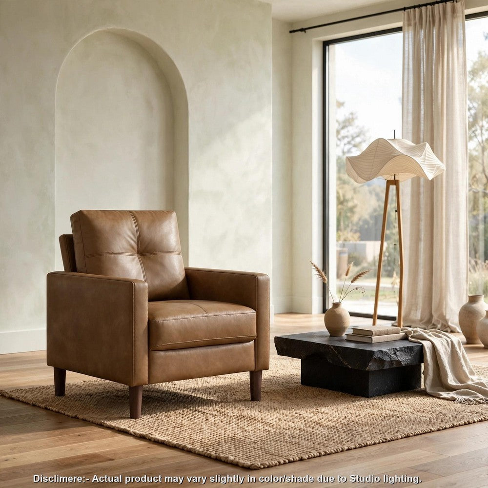 Xyna Accent Chair with Tufted Backrest | Solid Wood Legs | Brown Fabric