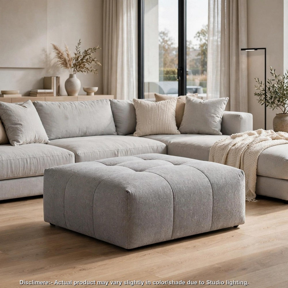 Tanya Ottoman with Casters | Plush Cushion Top | Gray Tufted Fabric | 46"