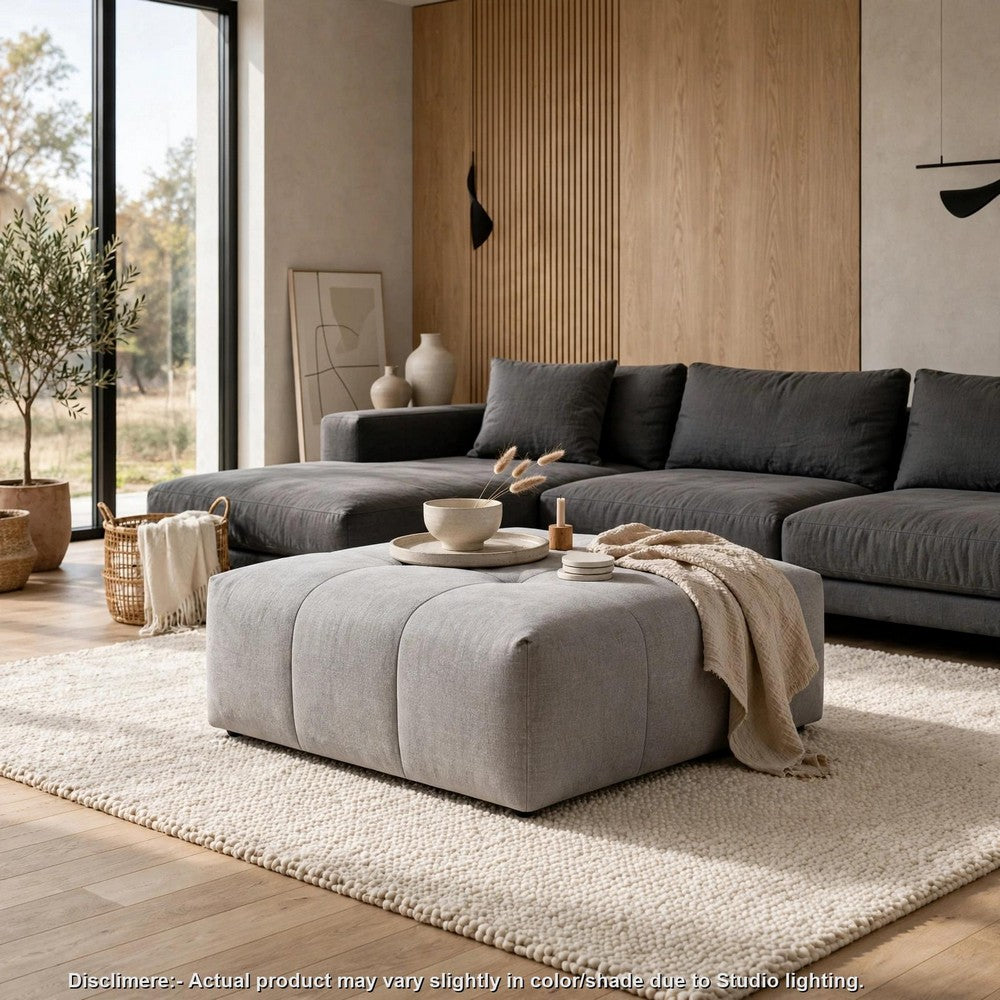Tanya Ottoman with Casters | Plush Cushion Top | Gray Tufted Fabric | 46"