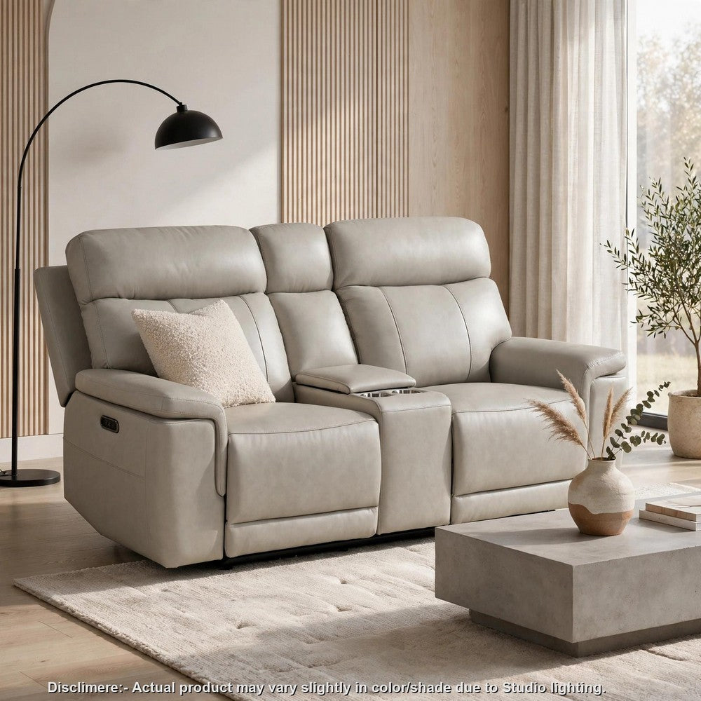 Zelda Power Reclining Loveseat | Console & Headrests | Gray Genuine Leather