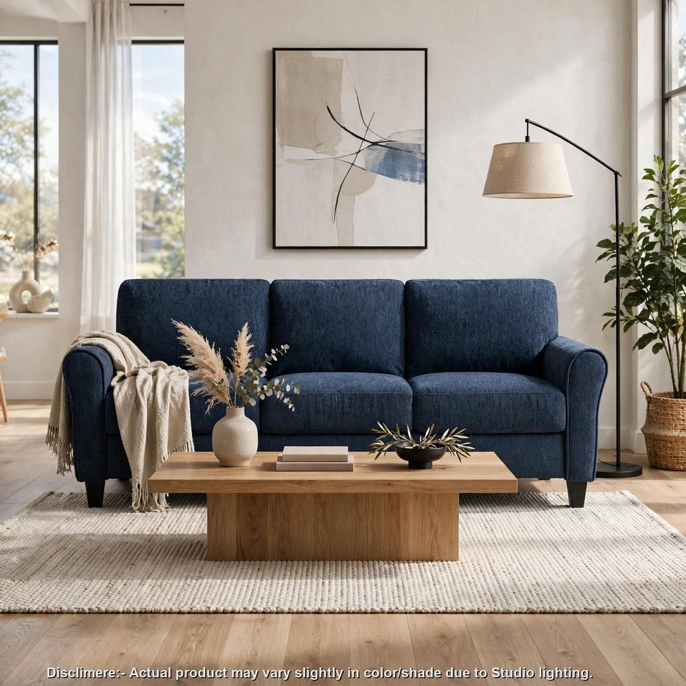 Elon 3-Seater Sofa with Black Feet | Rolled Arms | Blue Chenille | 81"