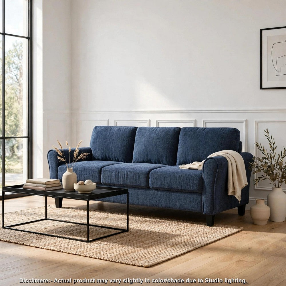 Elon 3-Seater Sofa with Black Feet | Rolled Arms | Blue Chenille | 81"