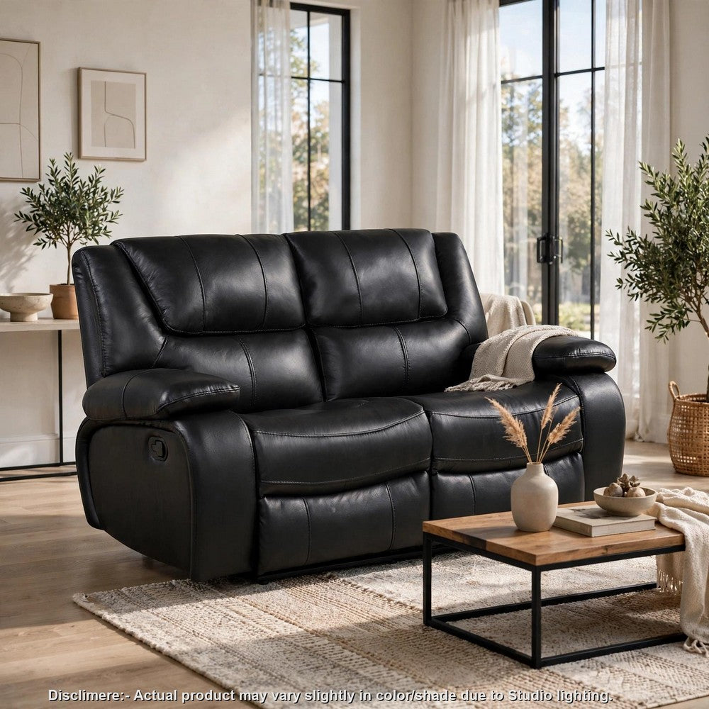 Licot Double Manual Reclining Loveseat | Foam Fill Black Top Grain Leather