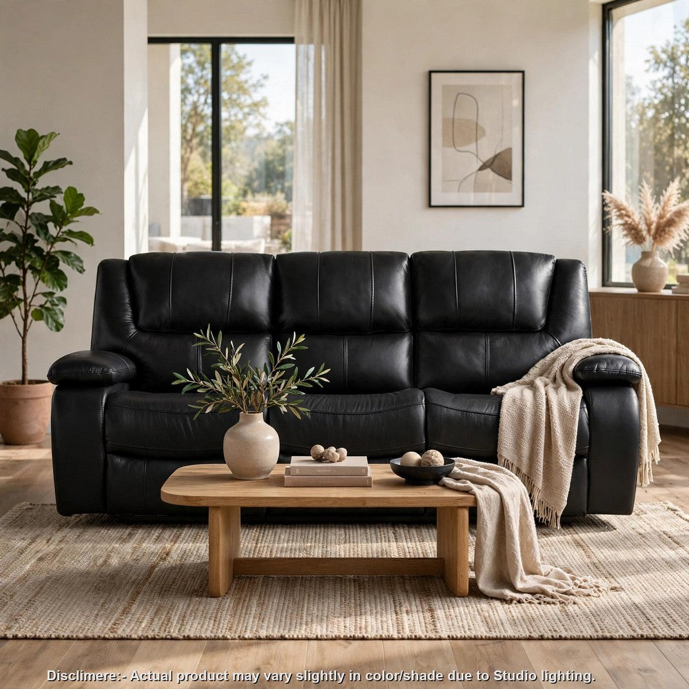 Licot Double Manual Reclining Sofa | 3 Seater | Black Top Grain Leather
