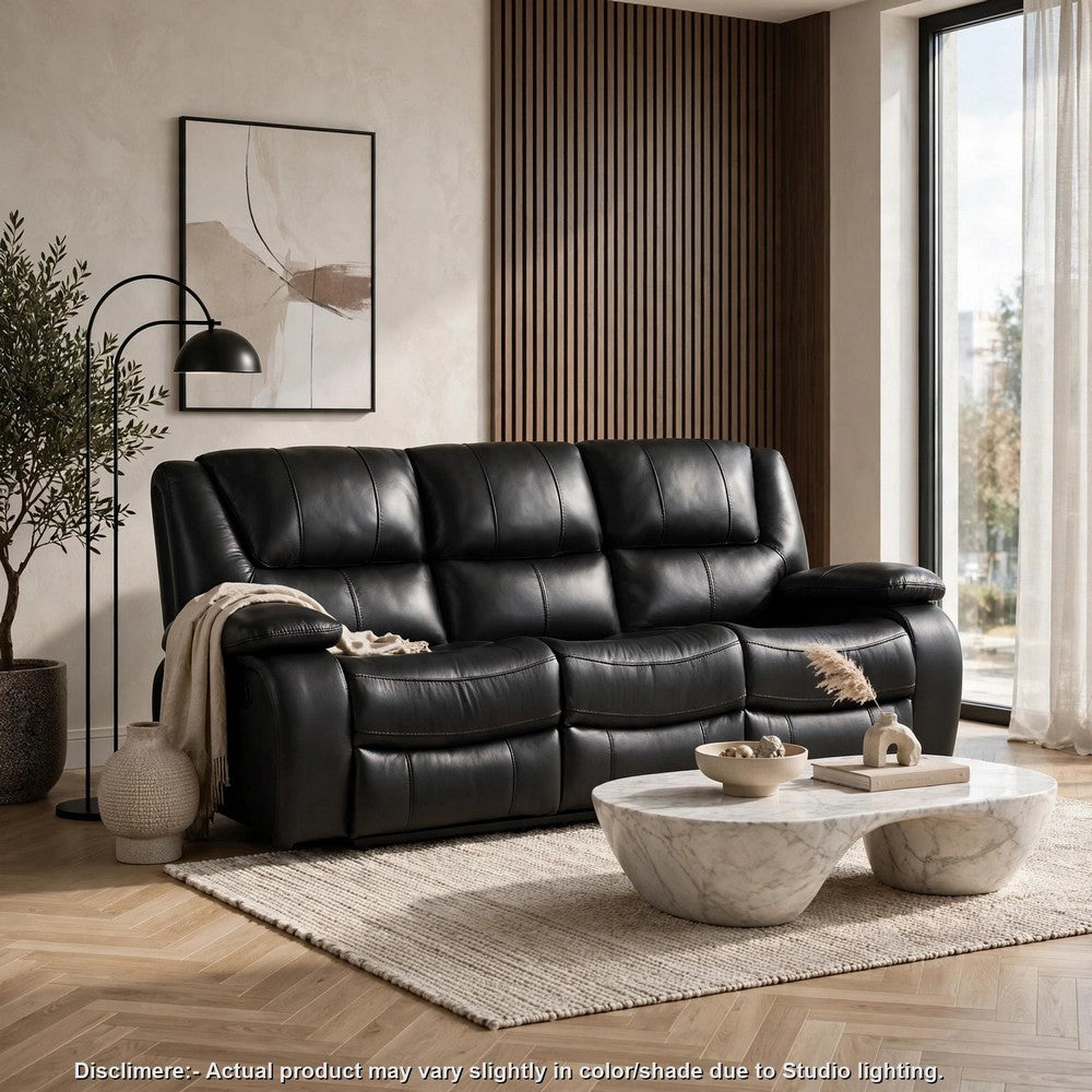 Licot Double Manual Reclining Sofa | 3 Seater | Black Top Grain Leather