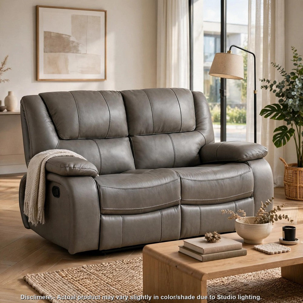 Licot Double Manual Reclining Loveseat | Foam Fill Gray Top Grain Leather
