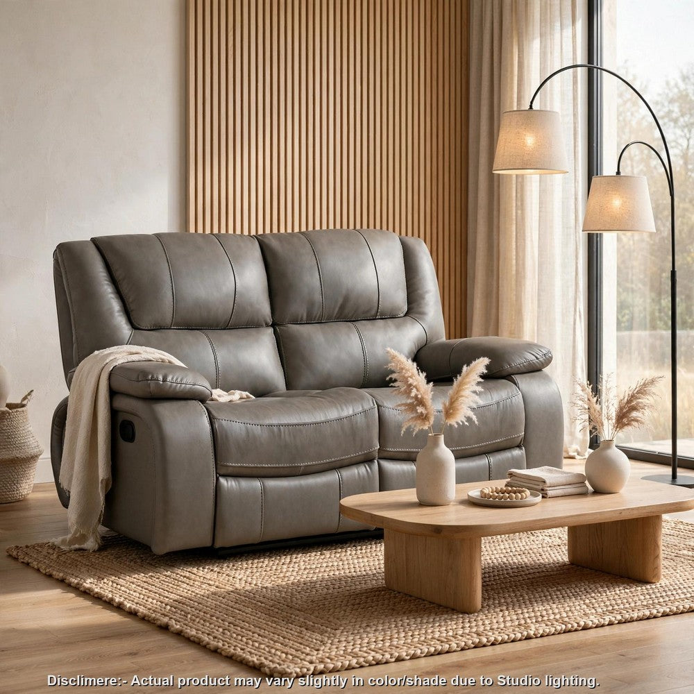 Licot Double Manual Reclining Loveseat | Foam Fill Gray Top Grain Leather