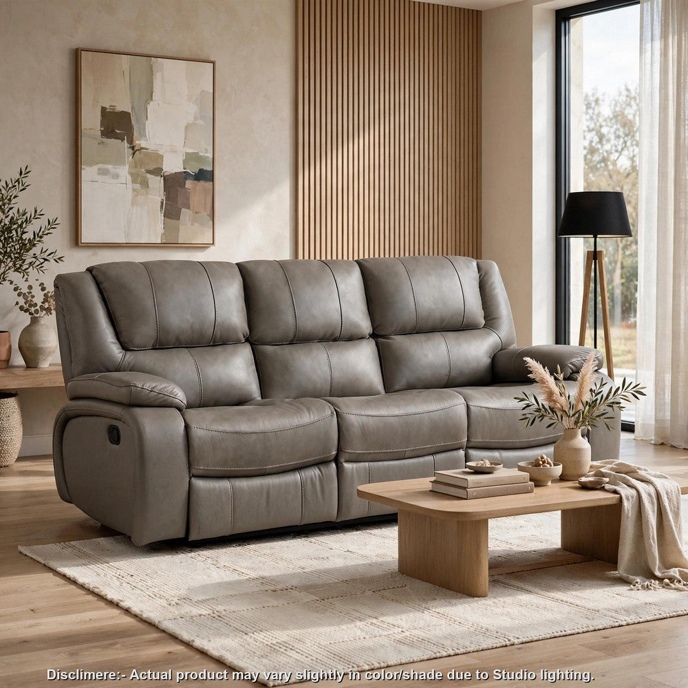 Licot Double Manual Reclining Sofa | 3 Seater | Gray Top Grain Leather