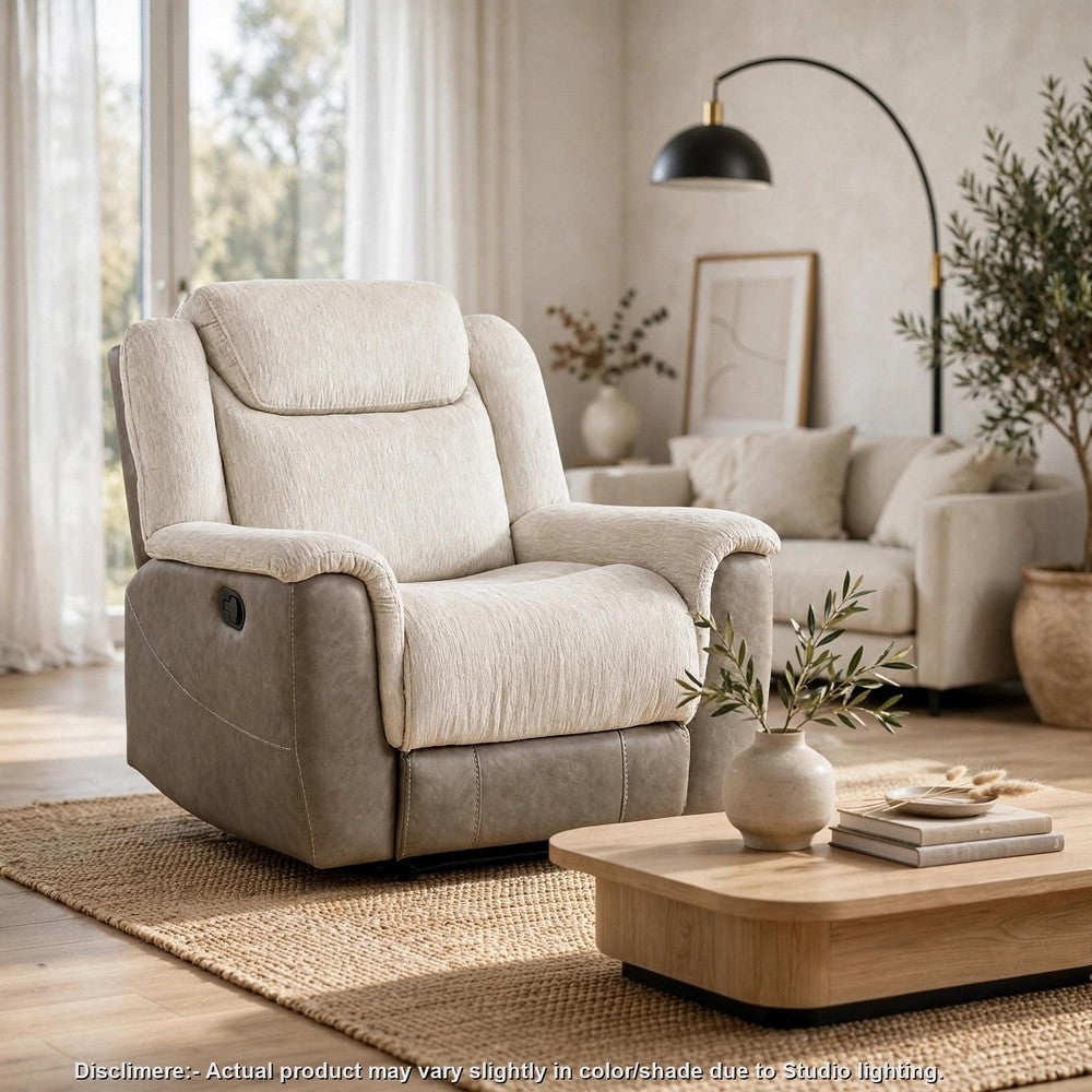 Feo Manual Reclining Chair | Foam Fill Beige Chenille and Taupe Microfiber