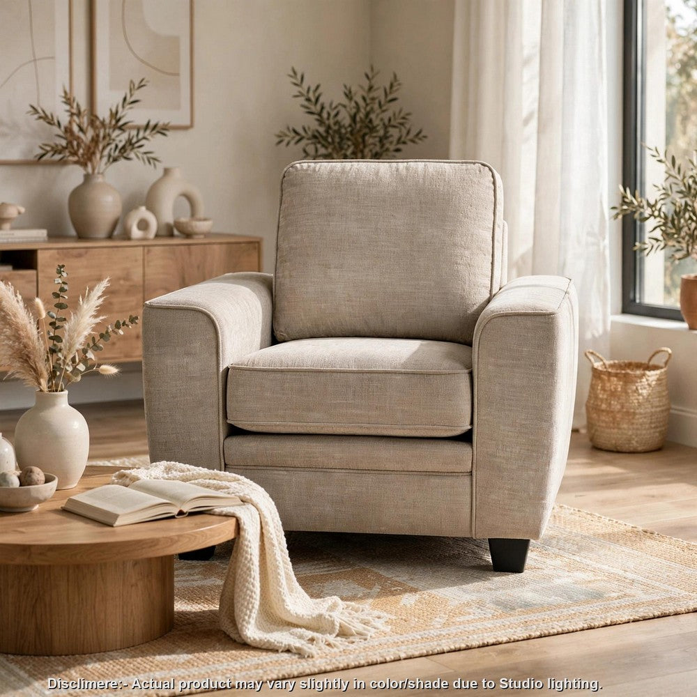 Zoya Accent Chair | Track Arms | Foam Fill Box Cushions | Taupe Chenille