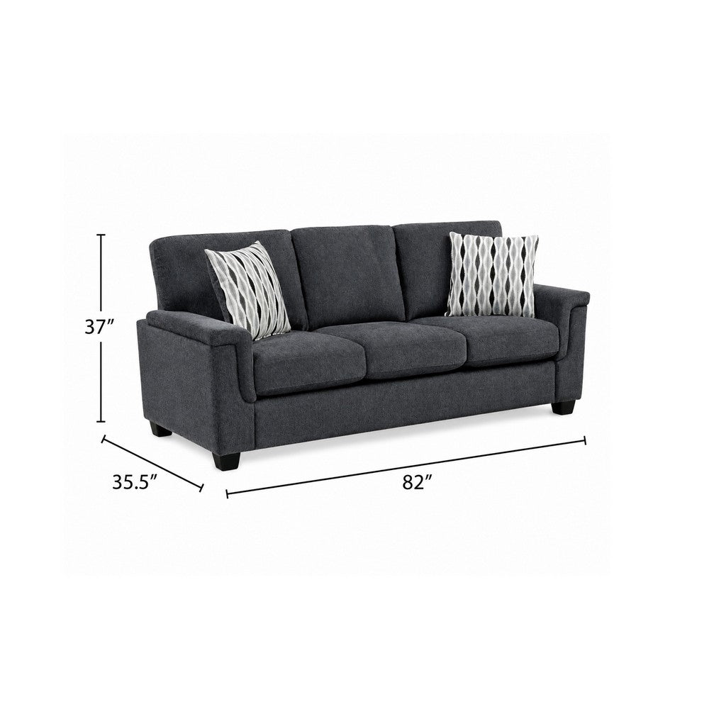 Deva Sofa w 2 Pillows | Contoured Arms | Dark Gray Chenille | Black 82"