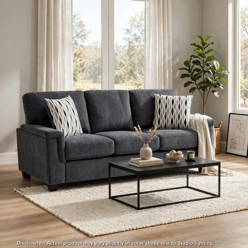Deva Sofa w 2 Pillows | Contoured Arms | Dark Gray Chenille | Black 82"