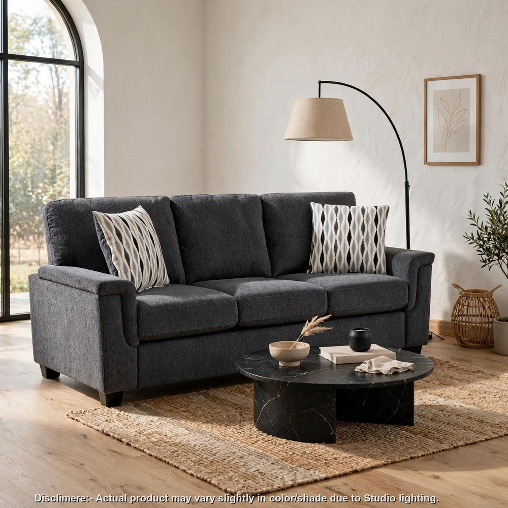 Deva Sofa w 2 Pillows | Contoured Arms | Dark Gray Chenille | Black 82"