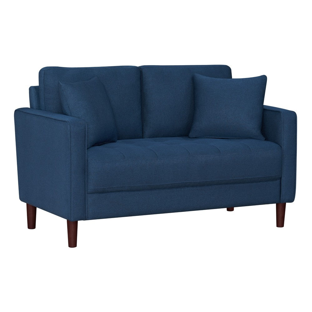 Yera Loveseat w 2 Pillows | Tufted Blue Fabric | Cherry Brown Wood | 52"