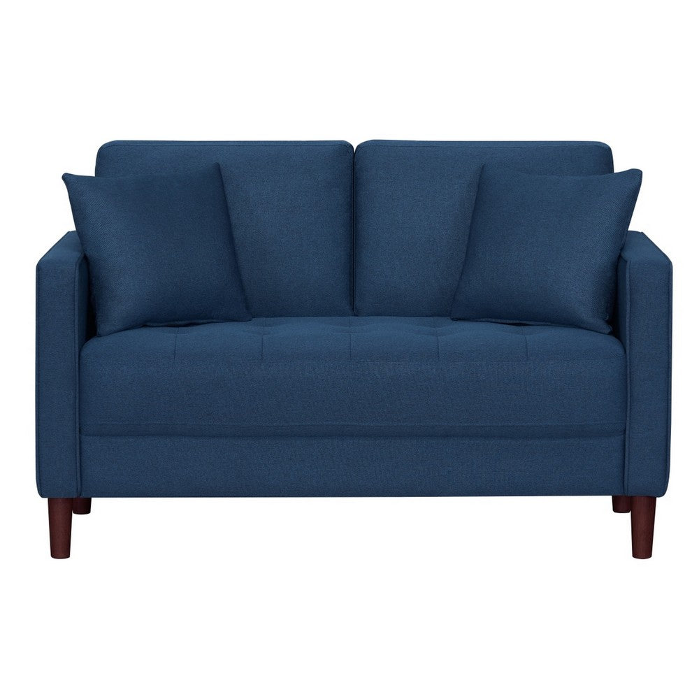Yera Loveseat w 2 Pillows | Tufted Blue Fabric | Cherry Brown Wood | 52"