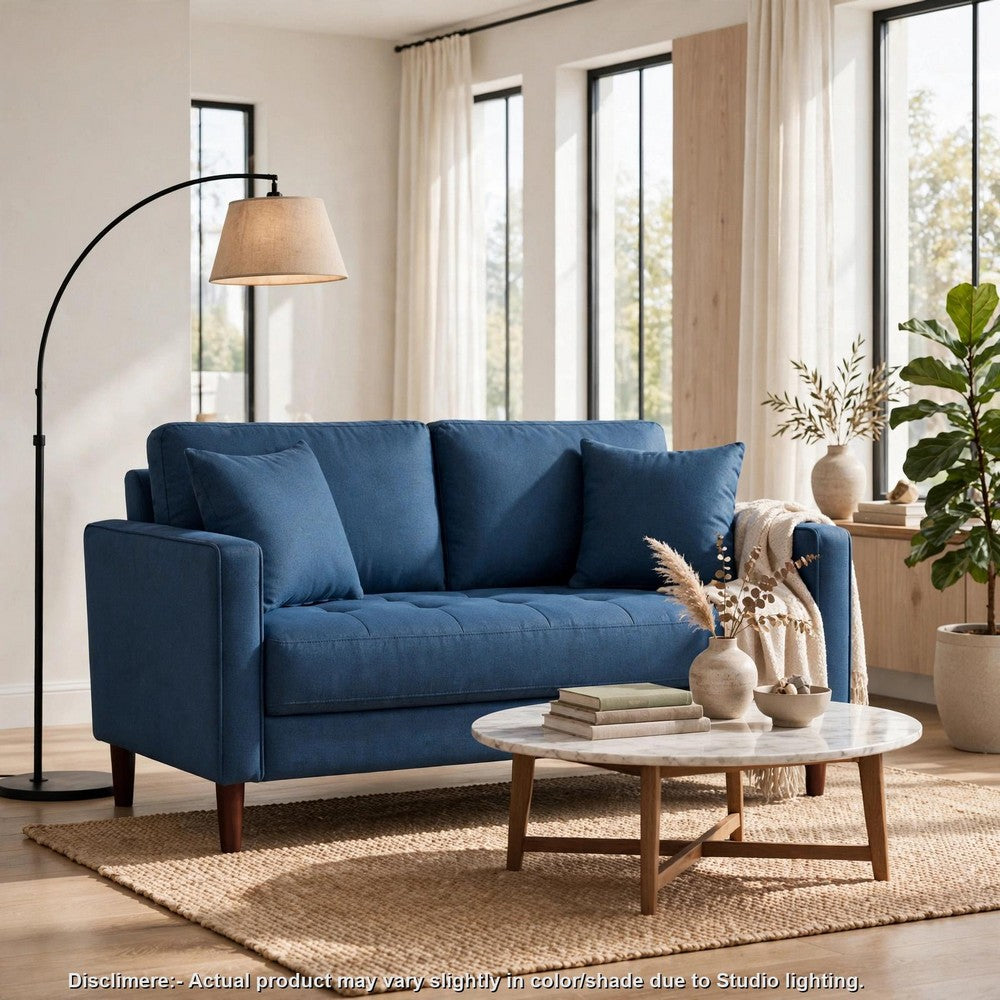 Yera Loveseat w 2 Pillows | Tufted Blue Fabric | Cherry Brown Wood | 52"