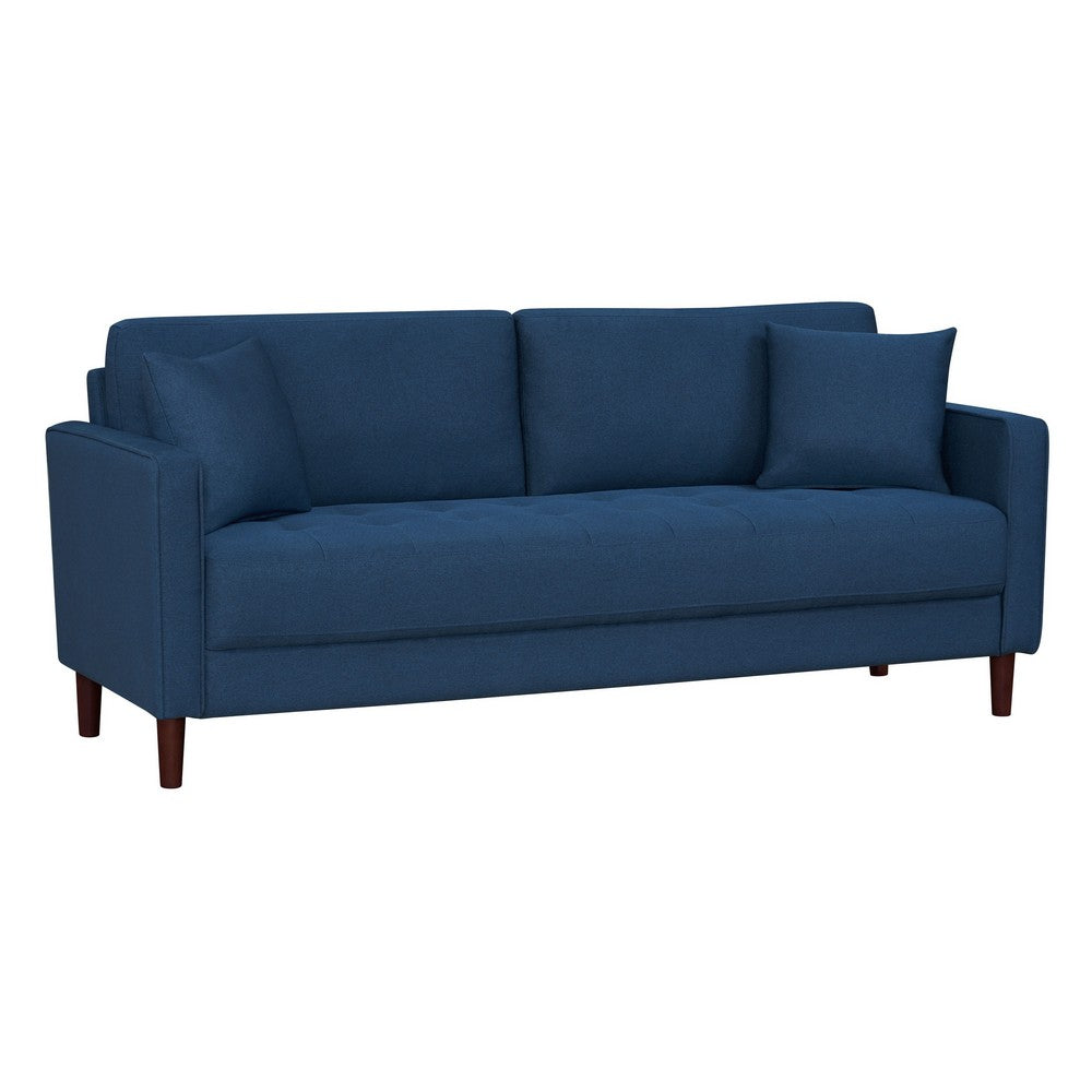 Yera Sofa w 2 Pillows | Tufted Blue Fabric | Cherry Brown Wood | 77"
