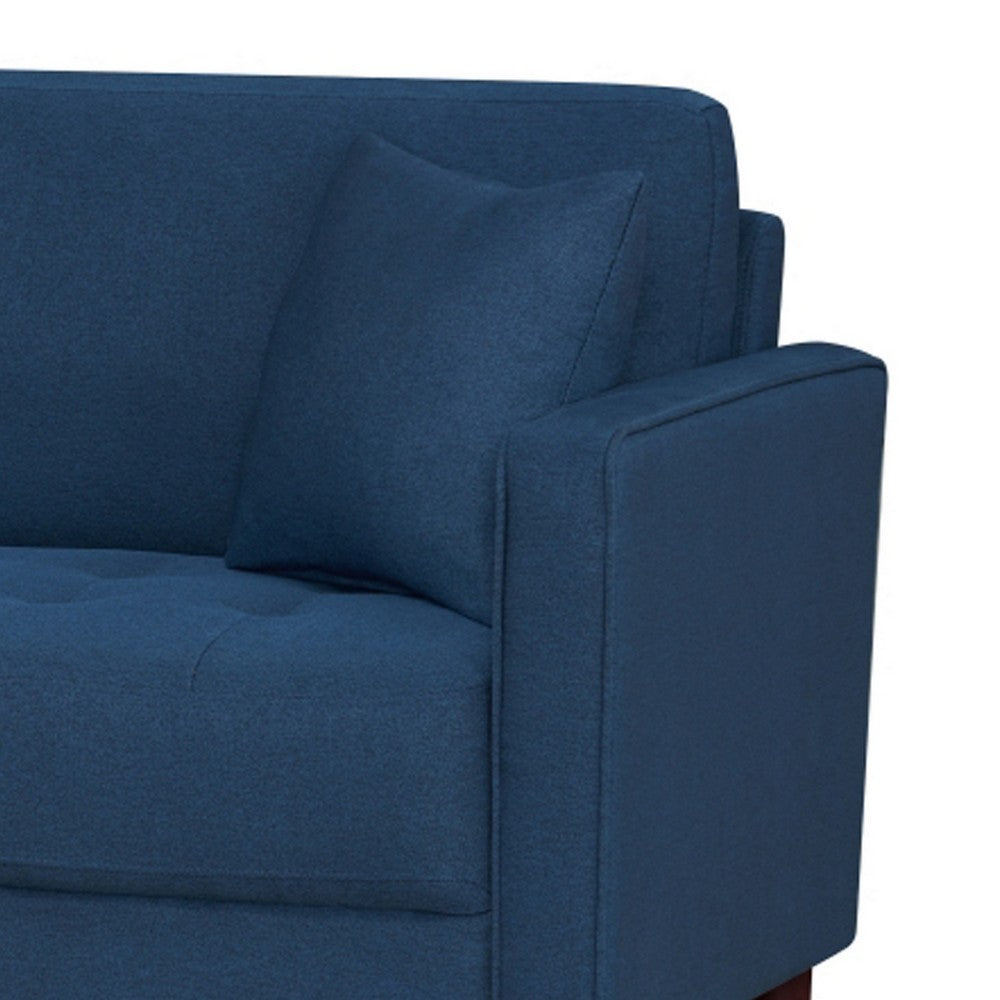Yera Sofa w 2 Pillows | Tufted Blue Fabric | Cherry Brown Wood | 77"