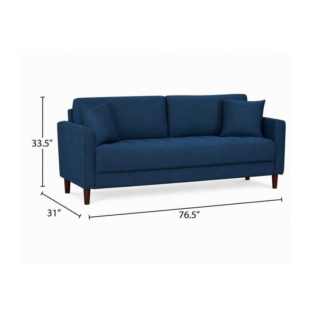 Yera Sofa w 2 Pillows | Tufted Blue Fabric | Cherry Brown Wood | 77"