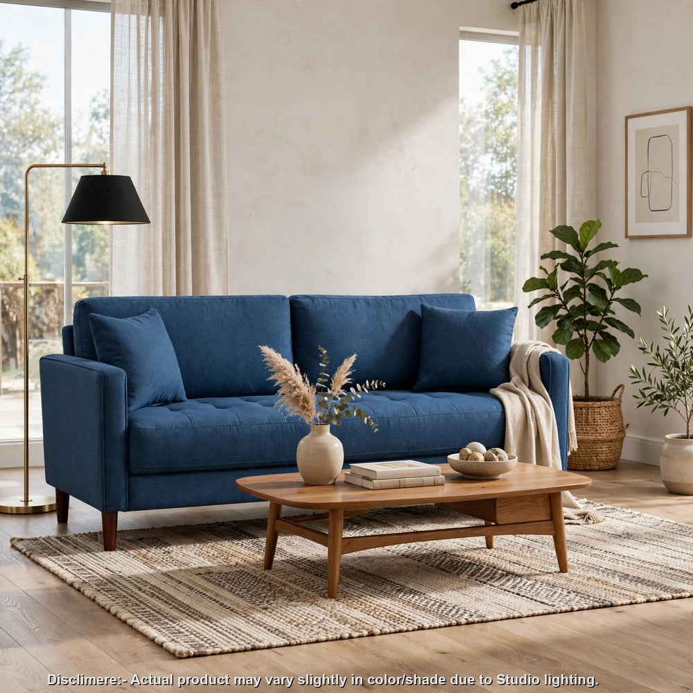 Yera Sofa w 2 Pillows | Tufted Blue Fabric | Cherry Brown Wood | 77"