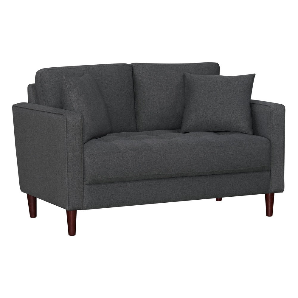 Yera Loveseat w 2 Pillows | Tufted Gray Seat | Cherry Brown Wood 52"