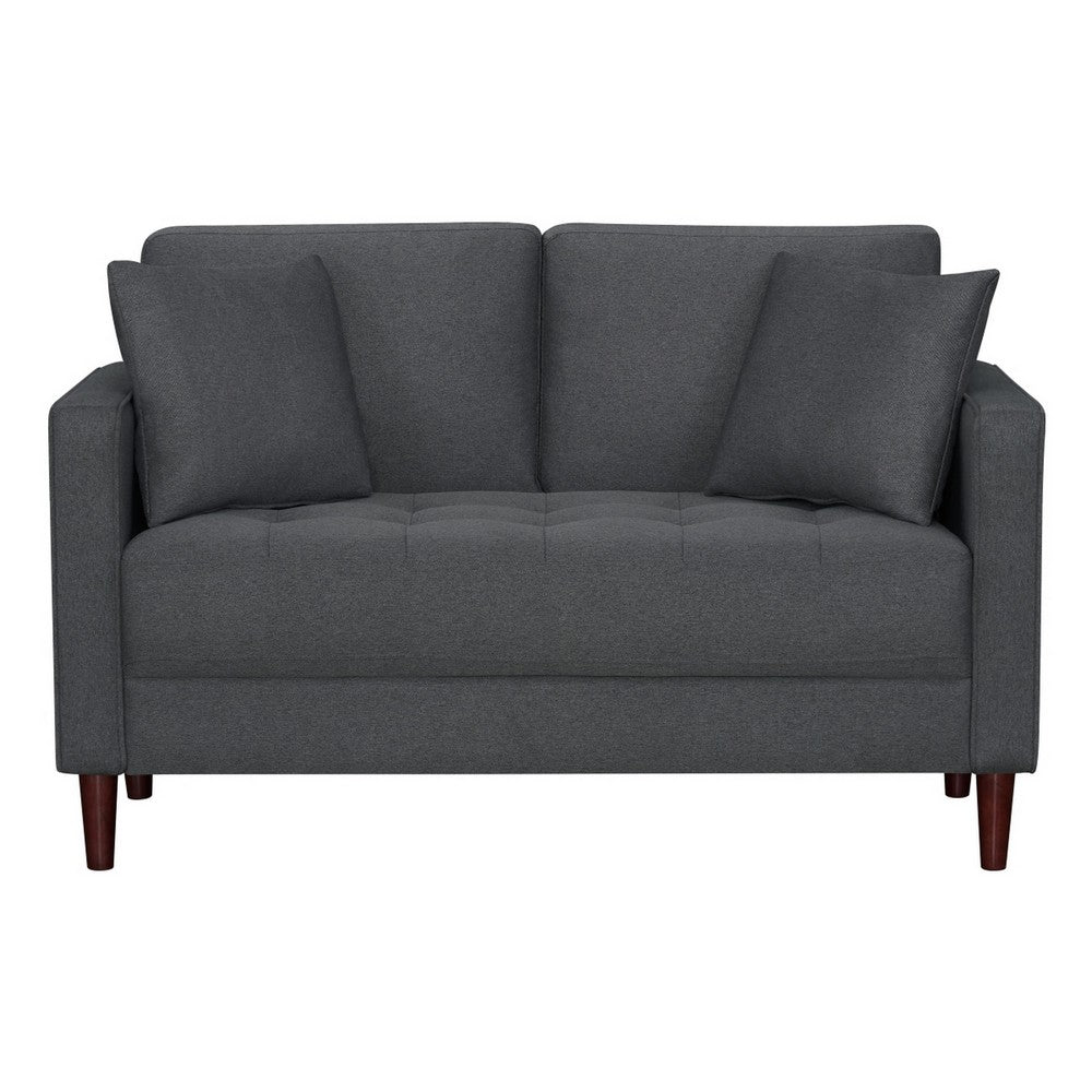 Yera Loveseat w 2 Pillows | Tufted Gray Seat | Cherry Brown Wood 52"